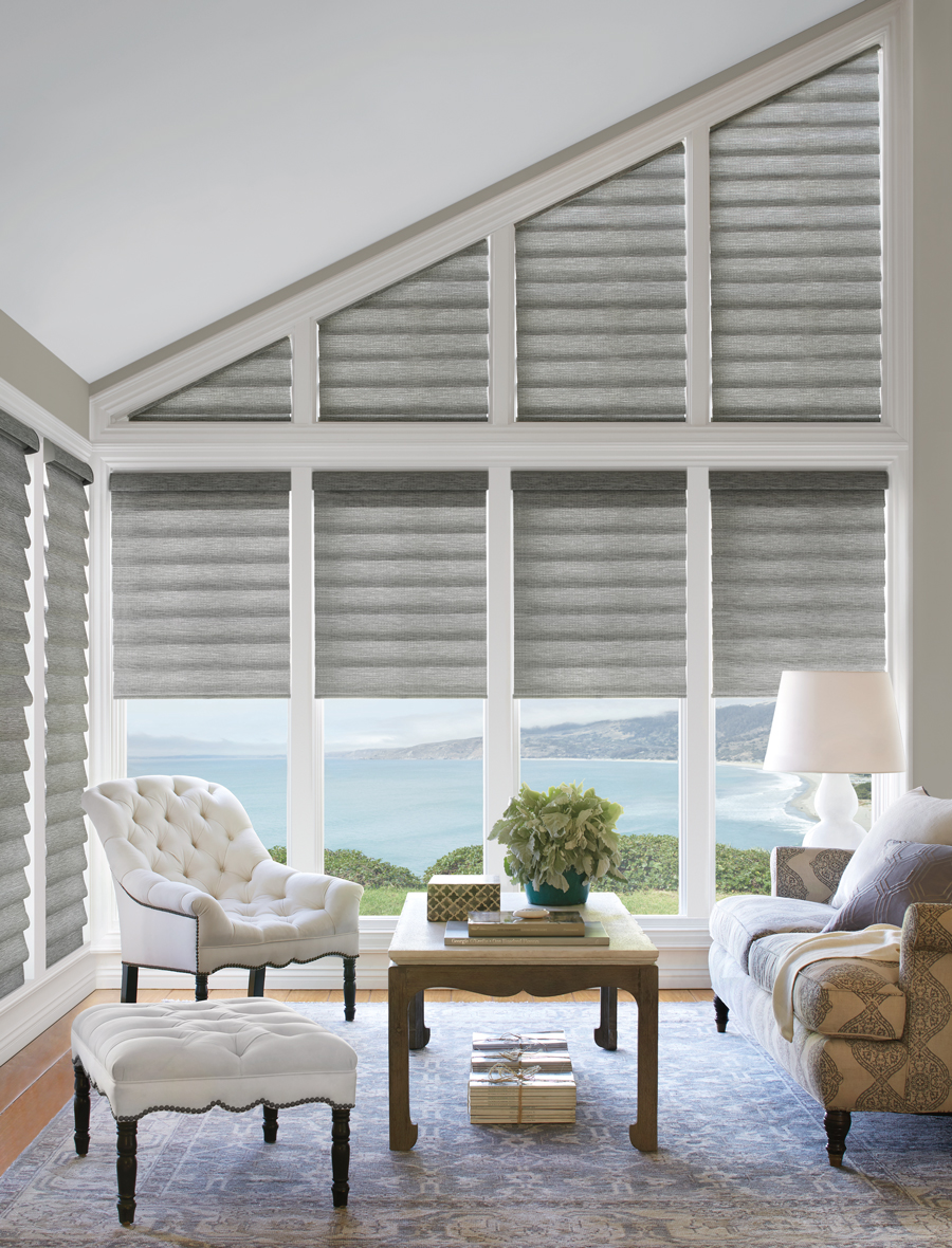 Grey white living room vignette roman shades Hunter Douglas San Antonio 78249