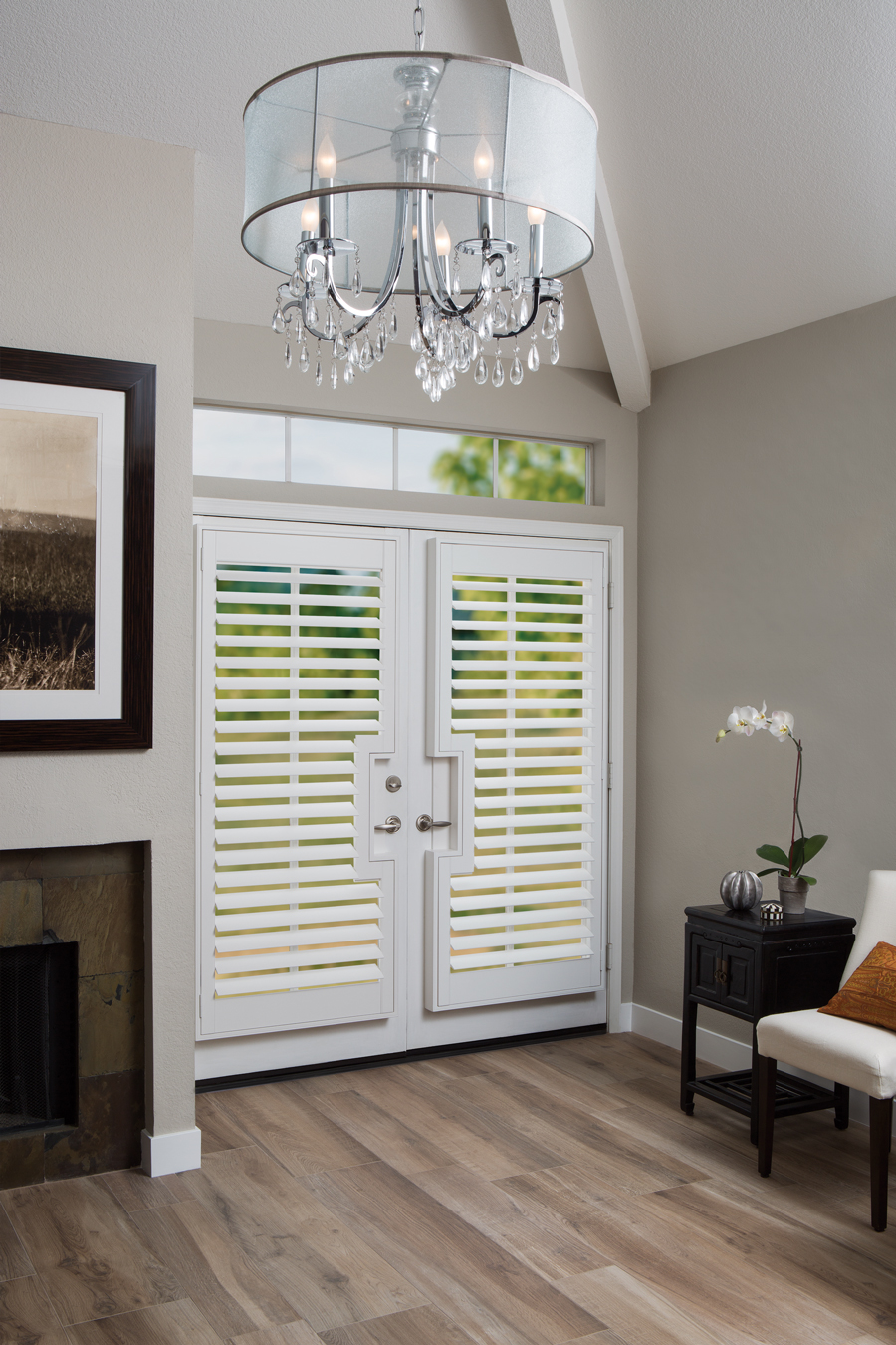 Greige white entryway white plantation shutters for doors Hunter Douglas San Antonio 78249