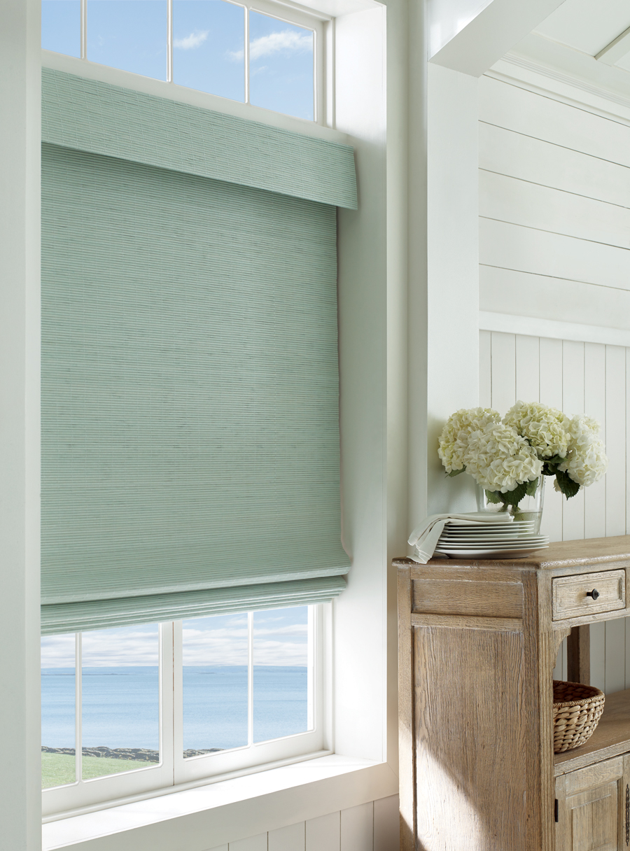 Coastal chic decor provenance woven wood shades Window Fashions of Texas Hunter Douglas San Antonio 78249