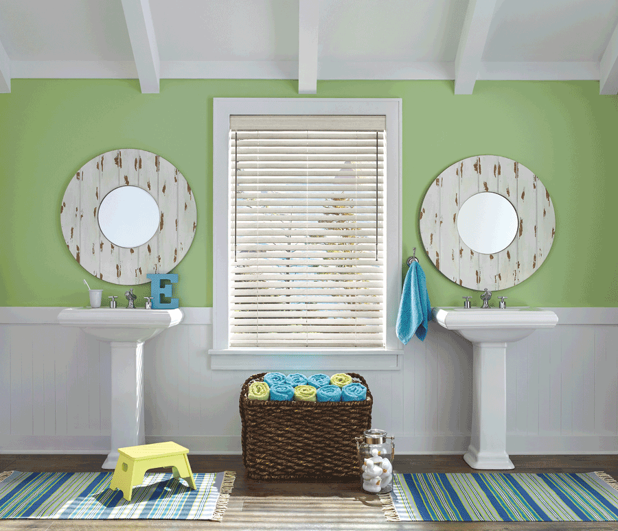 Faux wood blinds bathroom design Hunter Douglas San Antonio 78249