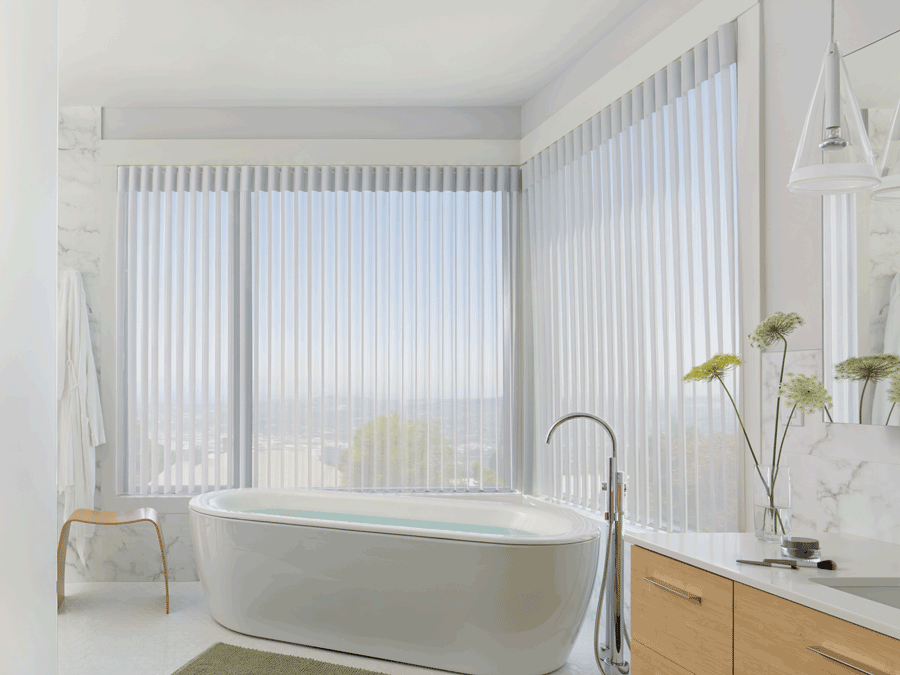 bathroom luminette sheer shades covering floor to ceiling windows Hunter Douglas San Antonio 78249