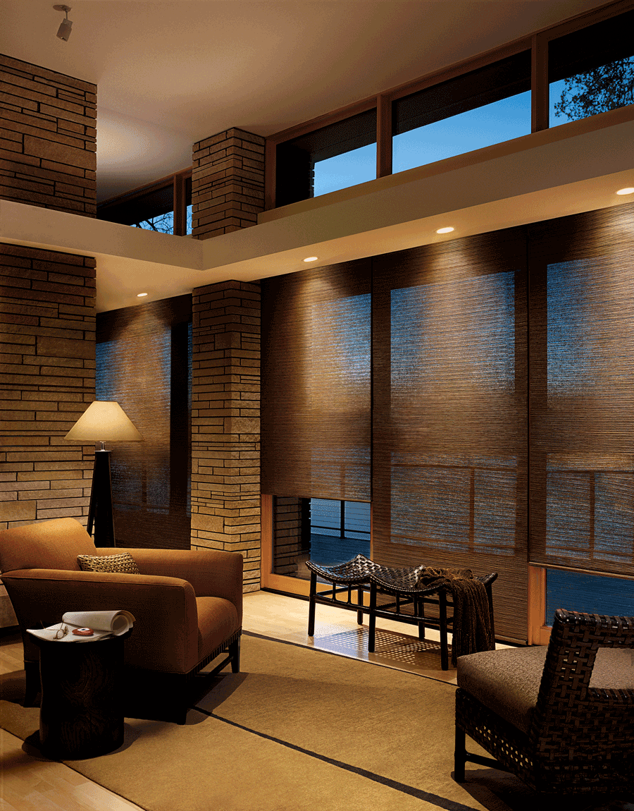 living room automated powerview designer screen roller shades covering floor to ceiling windows Hunter Douglas San Antonio 78249