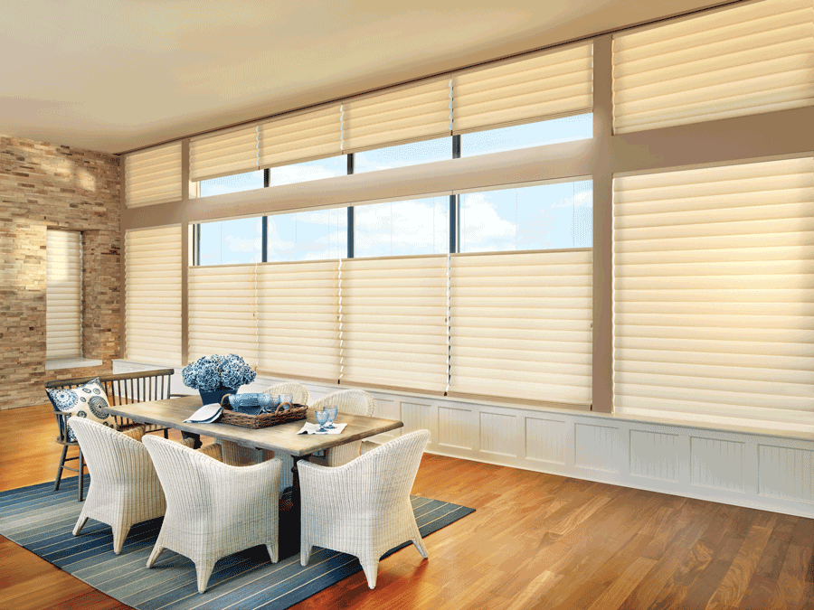 dining room top down bottom up vignette roman shades covering floor to ceiling windows Hunter Douglas San Antonio 78249