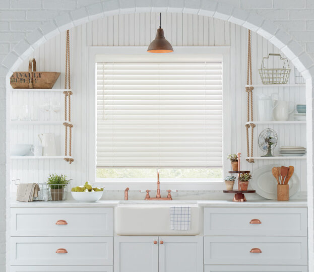 all white kitchen with open shelving and white wood blinds san antonio TX