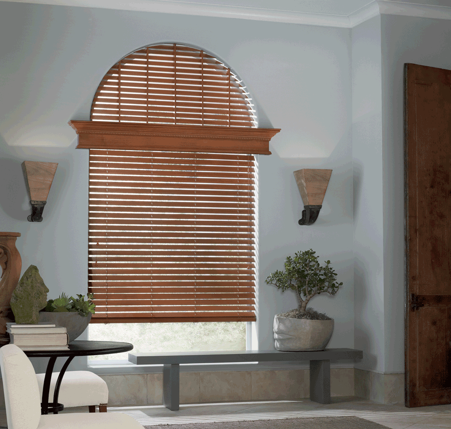 custom Hunter Douglas wood window blinds arched window treatments Central Texas