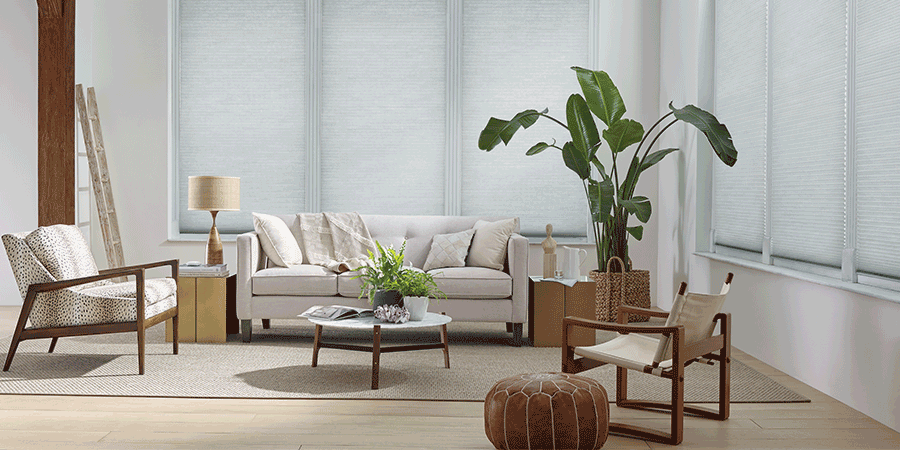 Modern living room with shades drawn in San Antonio, TX.