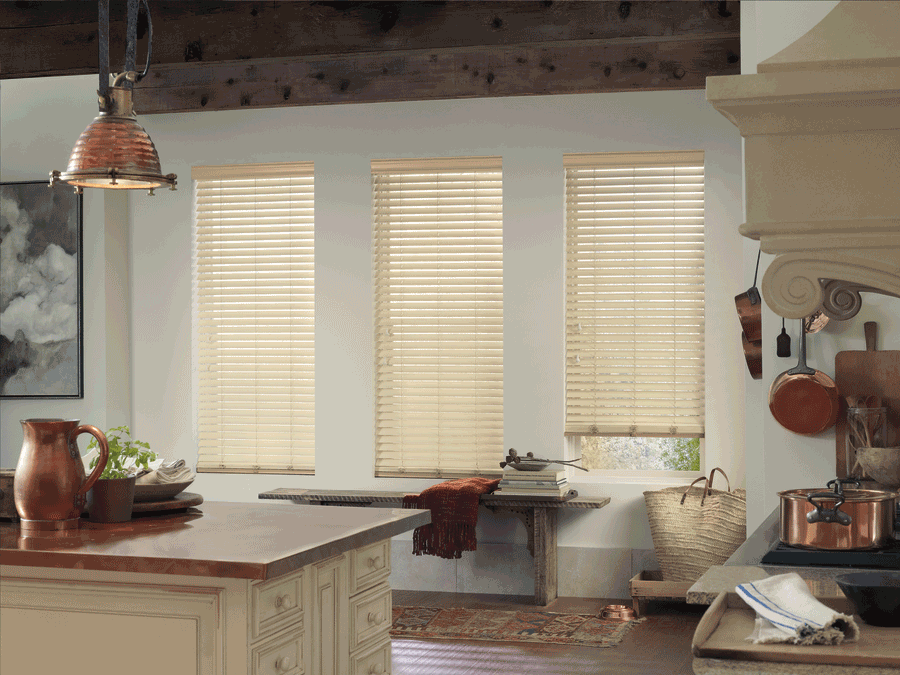 Neutral farmhouse window treatments in San Antonio.