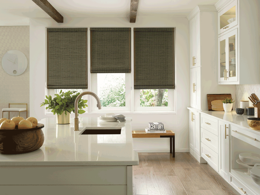 Woven farmhouse window treatments above bench in San Antonio home.