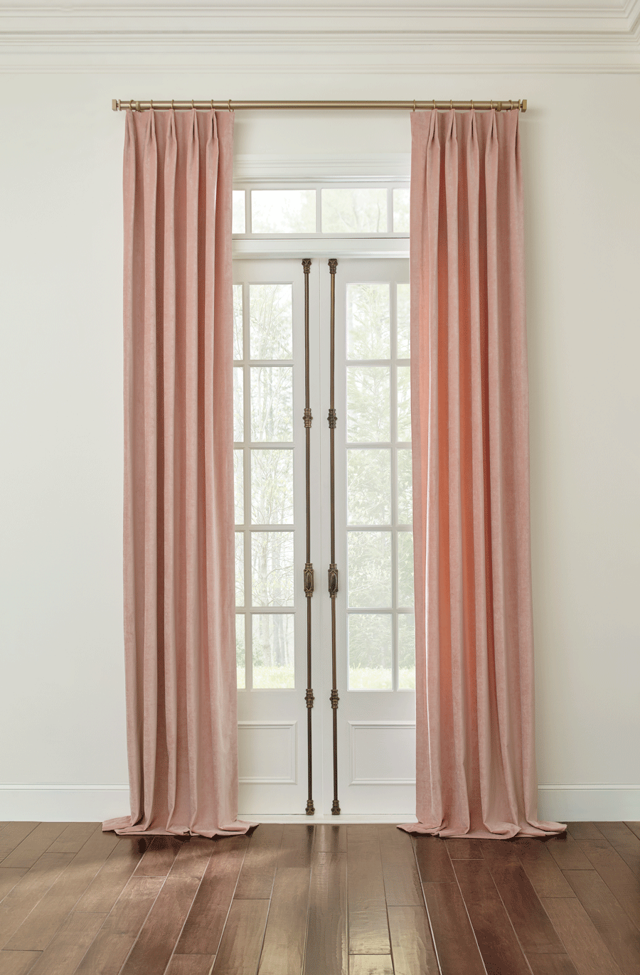 french doors with blush drapery panels san antonio TX