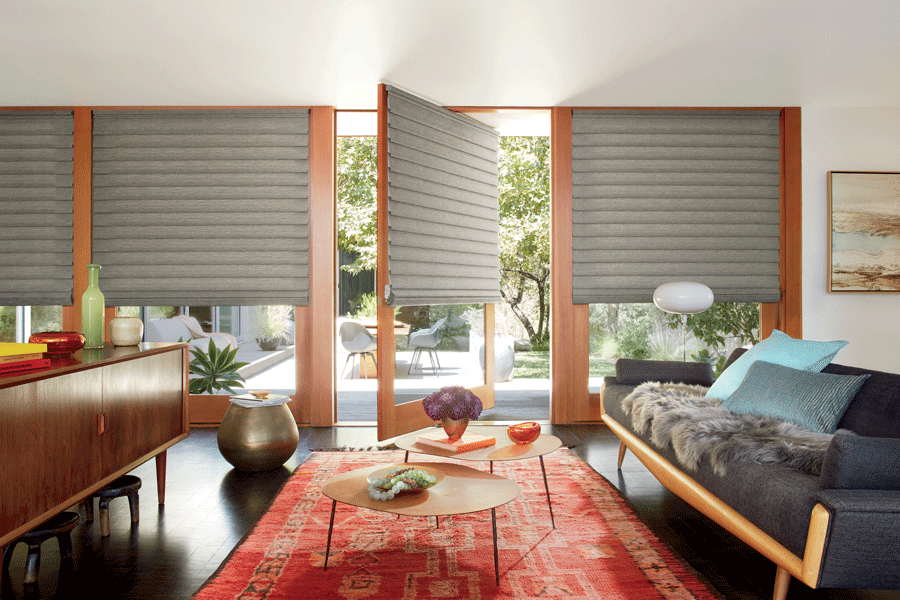 Living room with rotating doors featuring Hunter Douglas shades.