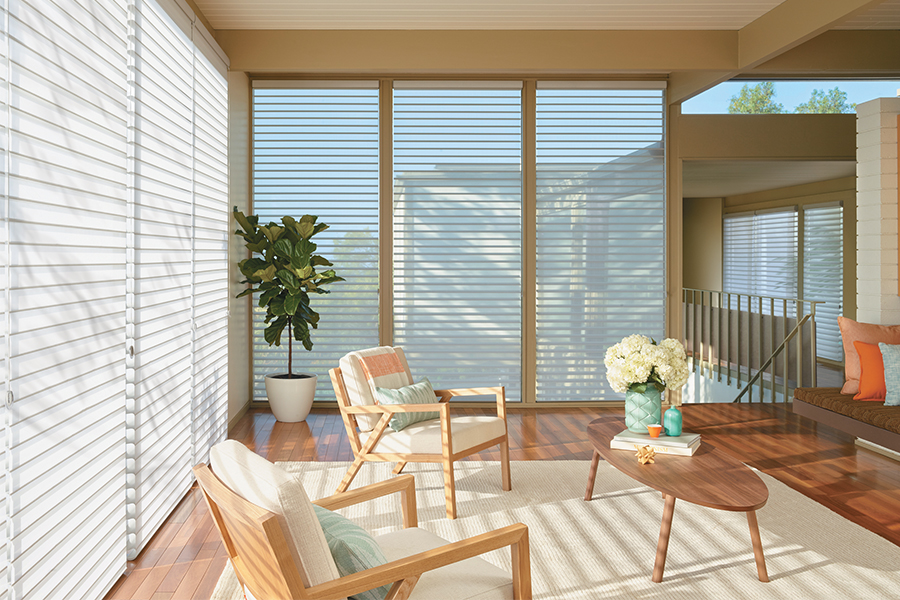 Modern living room with wood elements features sheer Hunter Douglas shades on the floor-to-ceiling windows