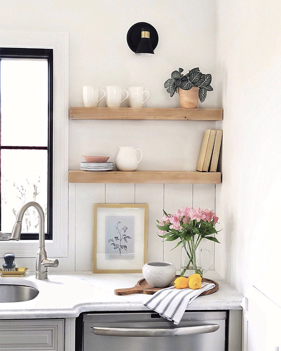 open wooden shelves in kitchen