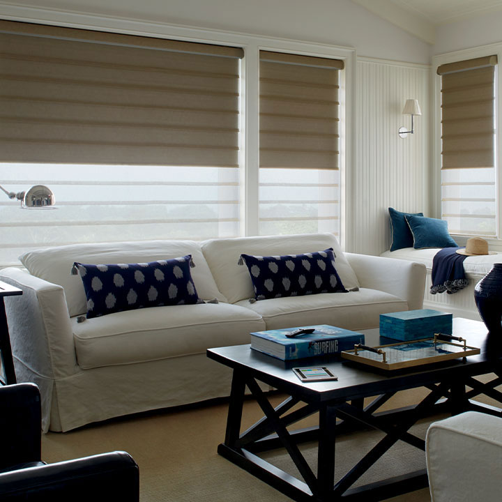 dual roman shades in living room San Antonio TX