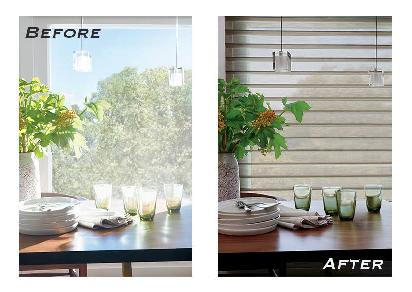 dining room before and after using window shades San Antonio, TX