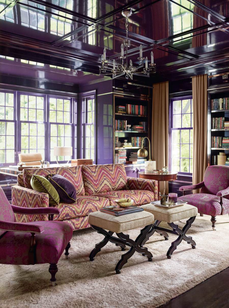 purple, cream and coral living room