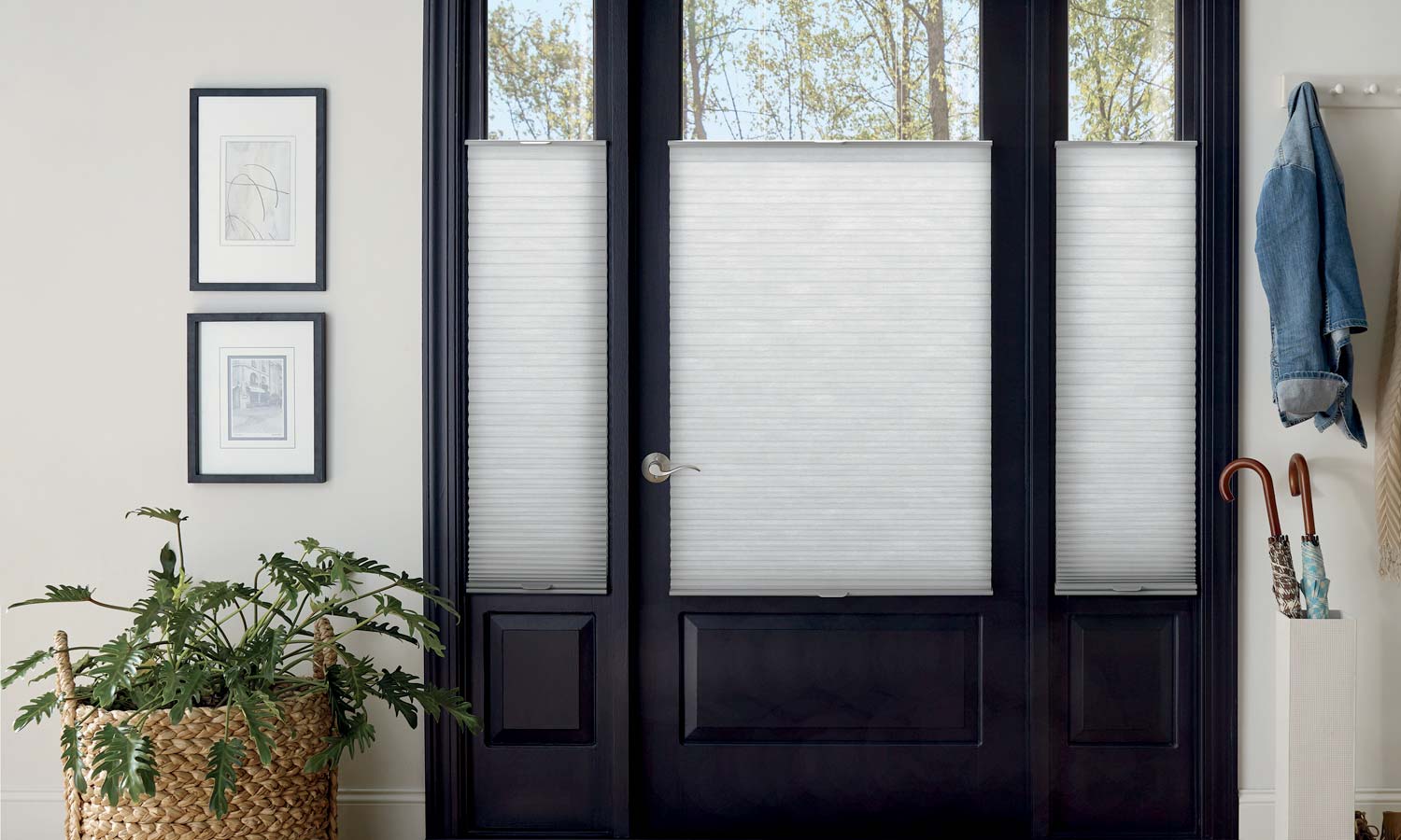 entryway glass doors with top down cellular shades