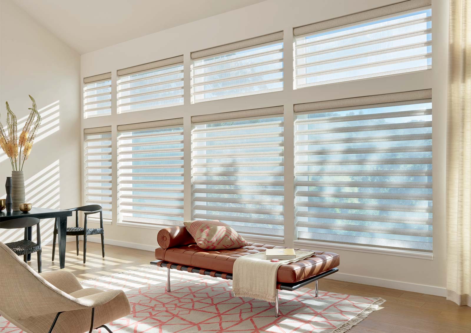 wall to wall living room windows with pirouette shades in San Antonio TX