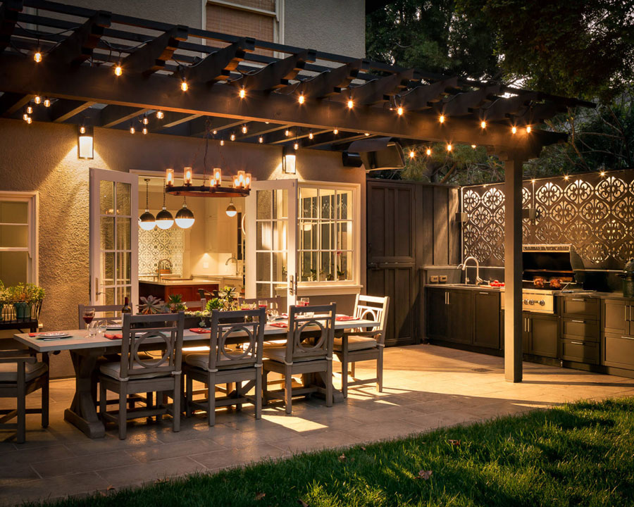 Outdoor patio area with dining table