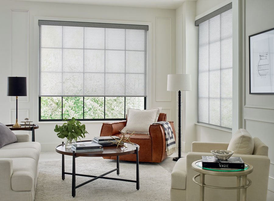 gray screen shades in the corner of San Antonio TX living room