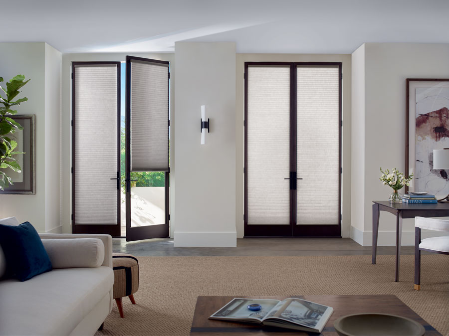 custom door coverings on french doors with trackglide operating system