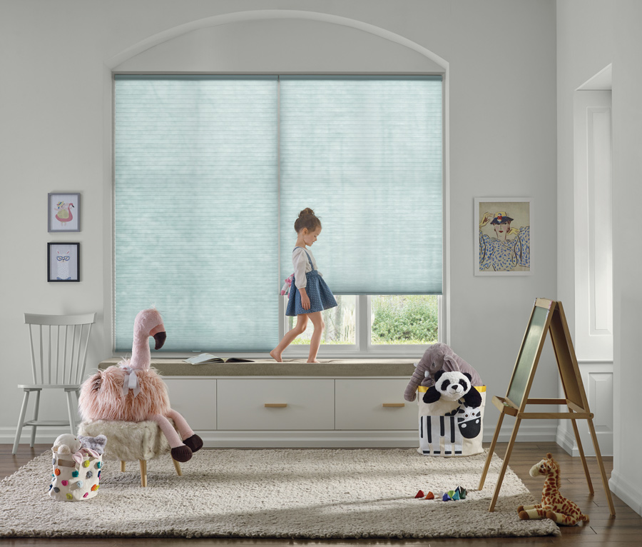 Playroom with child-safe features on window treatments