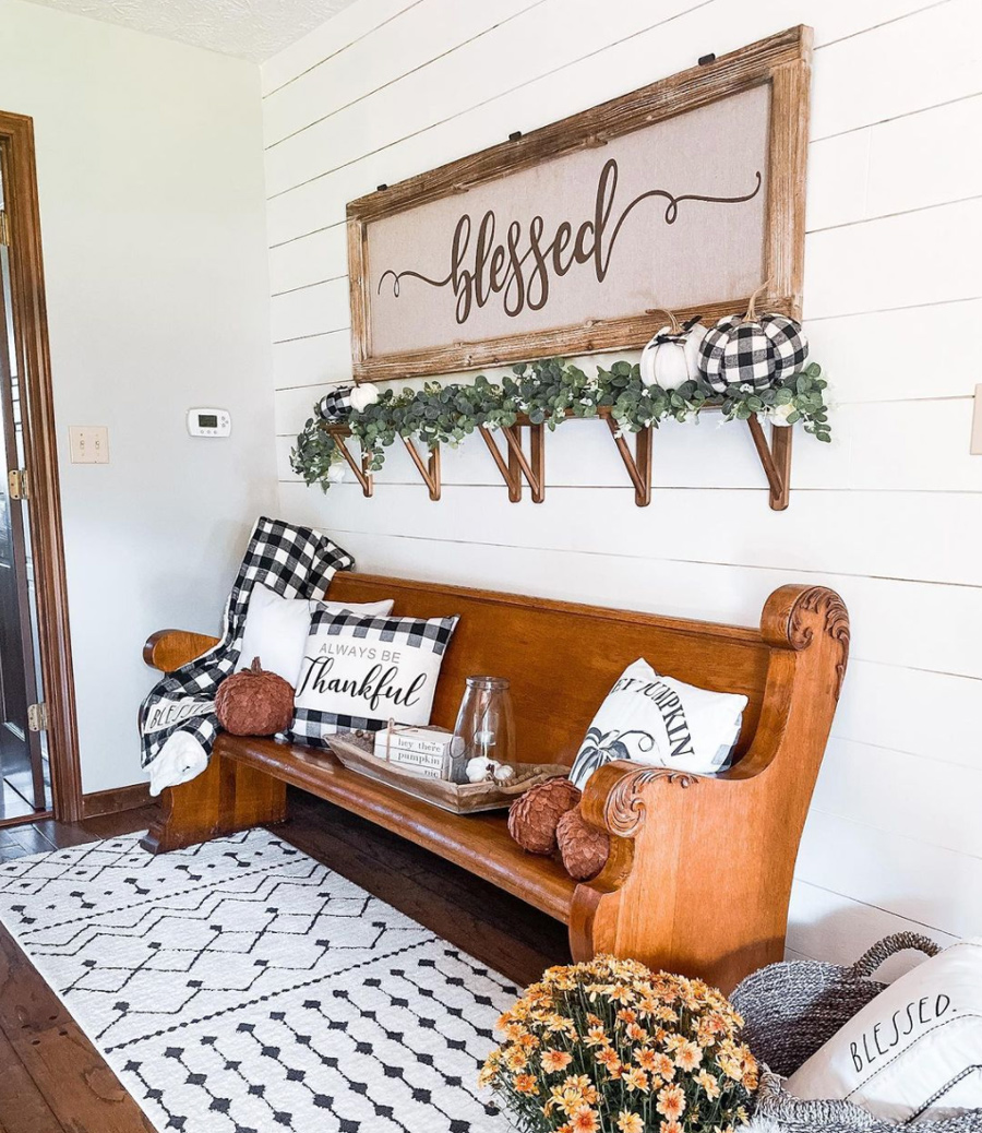 Bench in entryway by My Farmhouse Heritage