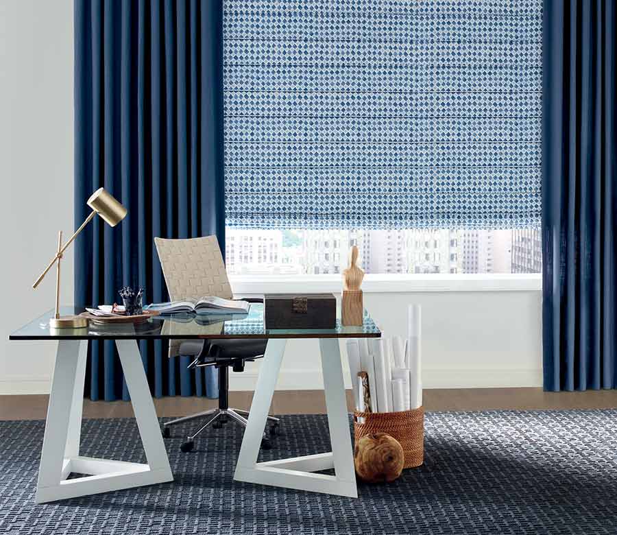 home office studio blue window treatments in San Antonio, TX
