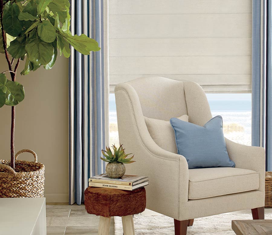 traditional living room blue and cream striped designer shades