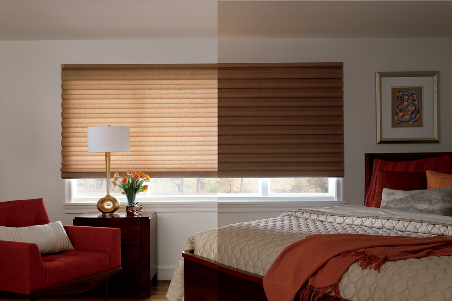 roman shades in two fabrics: one light-filtering, one room darkening