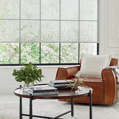 farmhouse chic living room with leather club chair and white screen shades