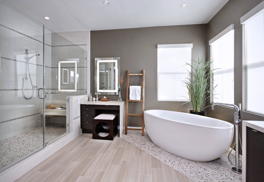 modern bathroom with wood tile floor