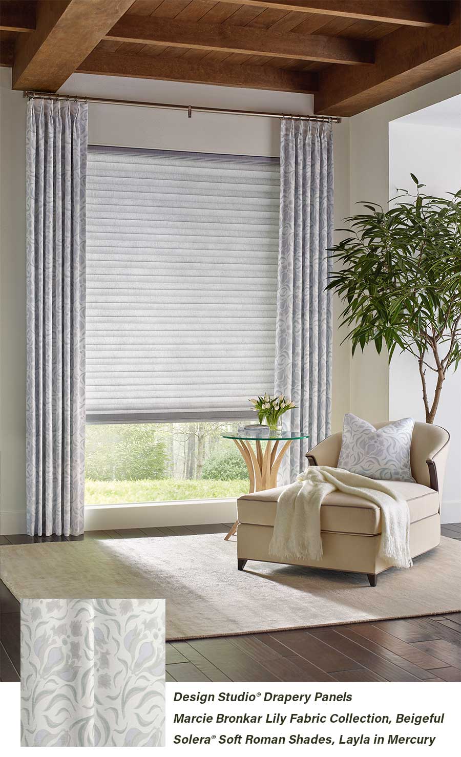 Drapery panels and roman shades in living room in san antonio