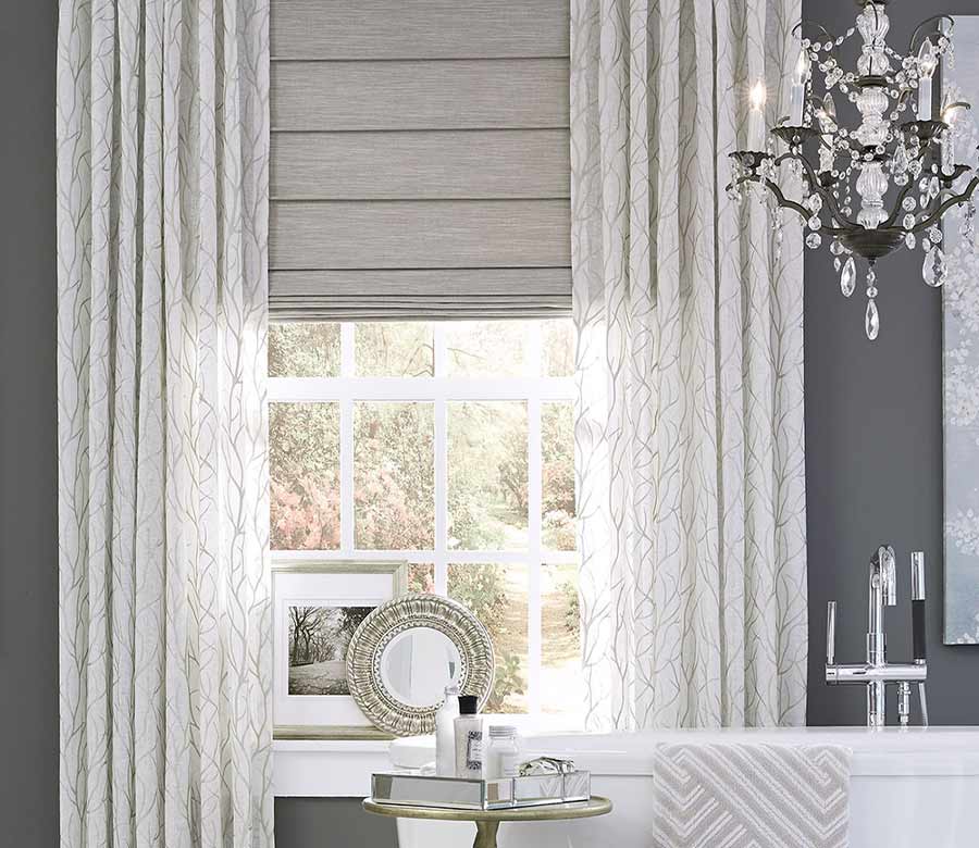 traditional bathroom with window shades for privacy and light control with custom window treatments