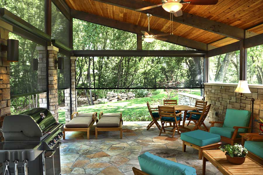 covered patio with black exterior screen shades in San Antonio