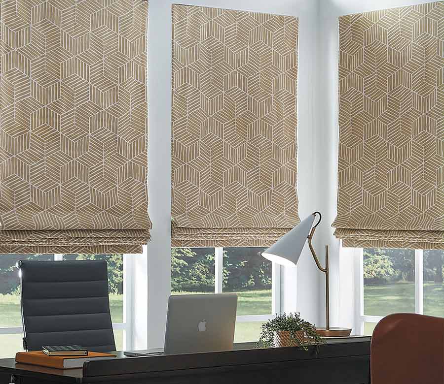 gold patterned custom roman shades for home office in San Antonio