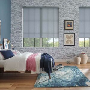 designer-roller-window-shades-girls-bedroom-design-hunter-douglas-window-fashions-of-texas-san-antonio blue fabric shades in teenage girls room in local neighborhood home
