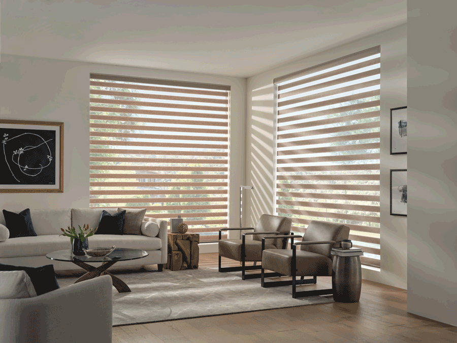 Designer Banded Shades with PowerView® Automation adjusting to control the light on adjacent walls