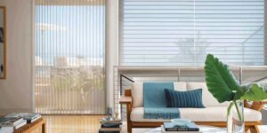living-room-window-treatments-window-fashions-of-texas A modern living room with a mix of vertical and horizontal window treatments