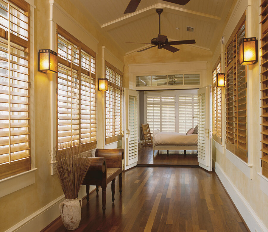 Custom wood plantation shutters in San Antonio home providing privacy and natural light control