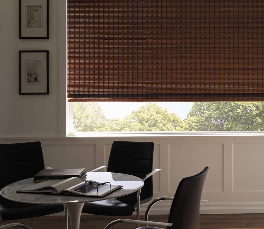 breakfast nook with neutral dual woven wood shades room darkening san antonio