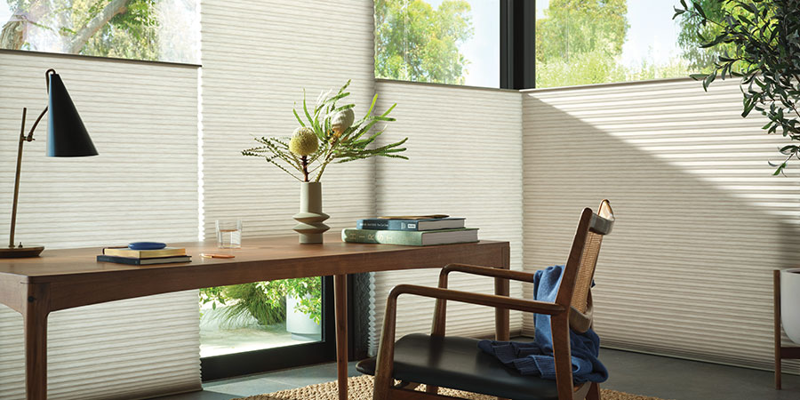 duette honeycomb shades with top down bottom up in home office for privacy and natural light