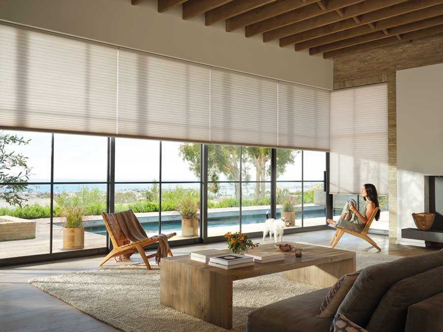 Powerview blinds motorized in modern living room san antonio, tx
