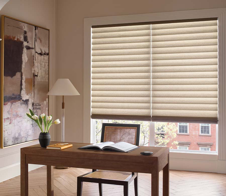 home office with custom vignette roman shades