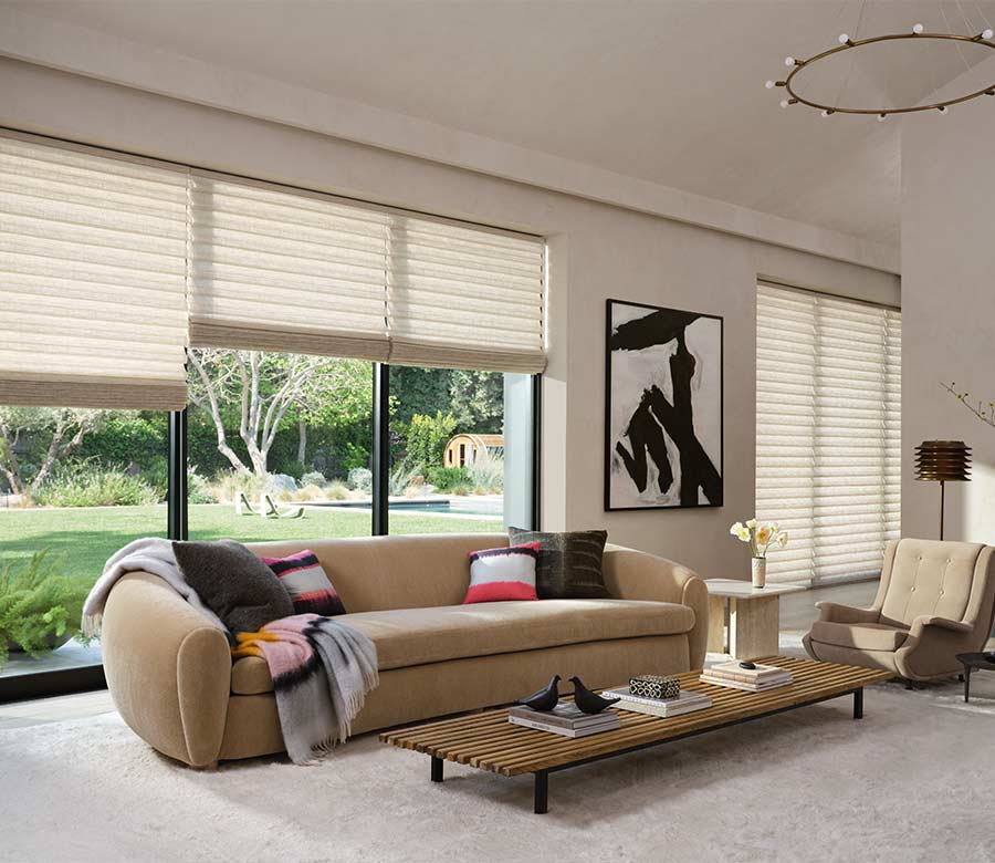 large windows in texas with roman shades