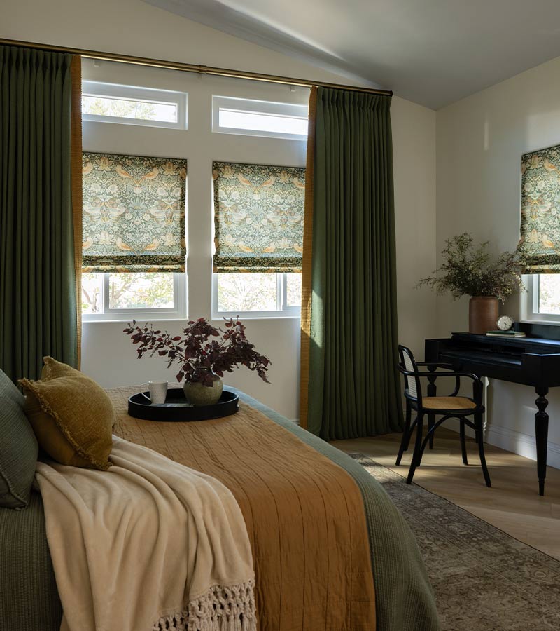 energy-efficient-custom-roman-shades-window-treatments-window-fashions-of-texas green drapery with roman shades in bedroom energy efficient