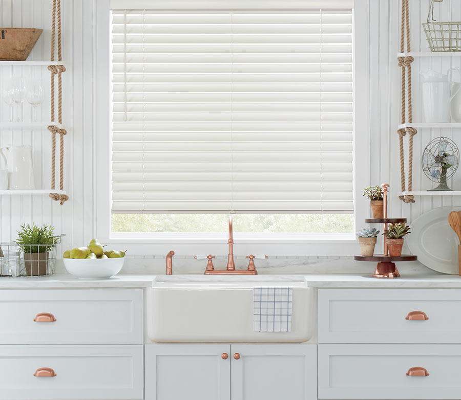 parkland-wood-blinds-hunter-douglas-white-kitchen-window-shade-window-fashions-of-texas white wood blinds in kitchen modern look