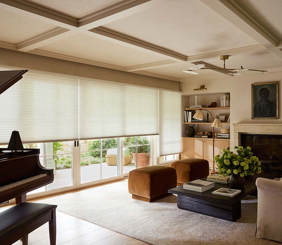 Hunter-douglas-Duette-Honeycomb-Shades-window-fashions-of-texas White Duette Honeycomb Shades providing light control in a living room