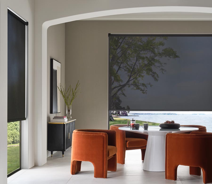 black screens on dining room floor to ceiling windows