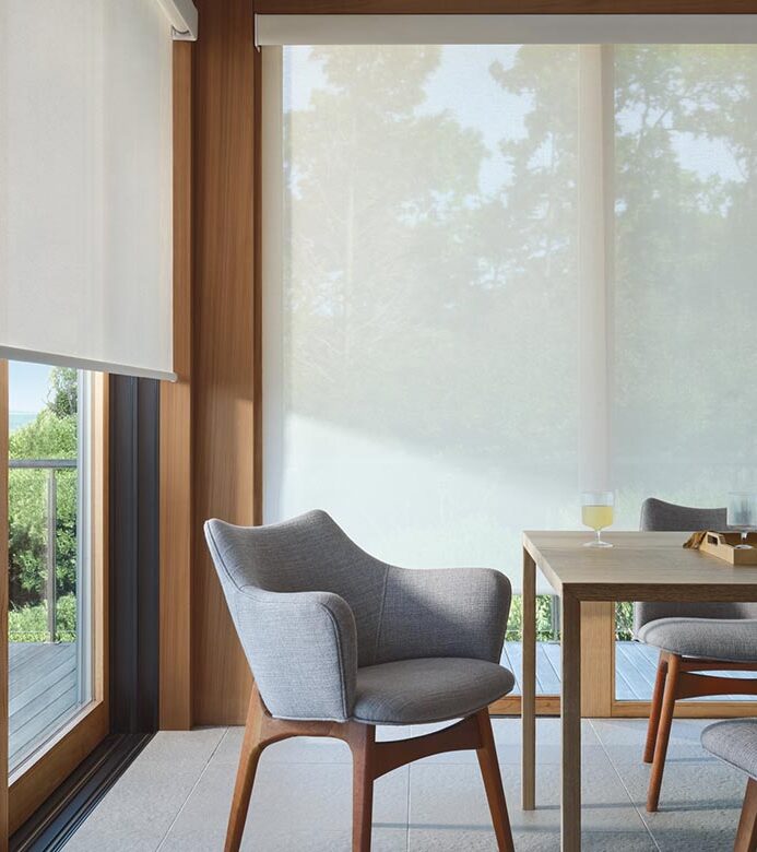 designer-screen-shades-for-floor-to-ceiling-windows-in-mid-century-modern-dining-room-window-fashions-of-texas dining room with window screens floor to ceiling windows