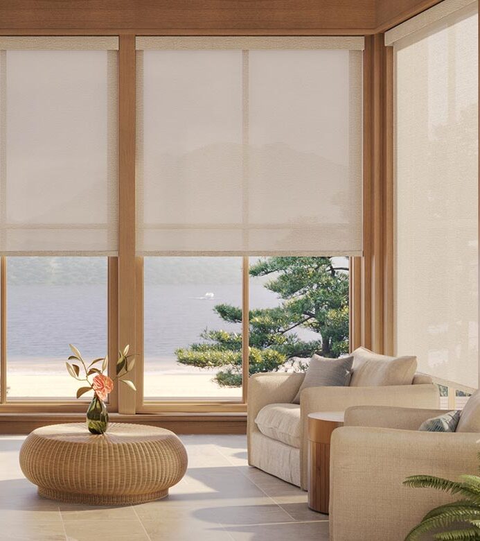 light-filtering-cream-designer-screen-shades-in-coastal-living-room-window-fashions-of-texas neutral colored window screens in living room window fashions of texas